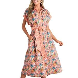 NWT AURA Just A Feeling Peach Floral Print Midi Shirt Dress XL Pockets Cotton